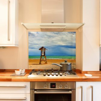 Beach printed glass splashback